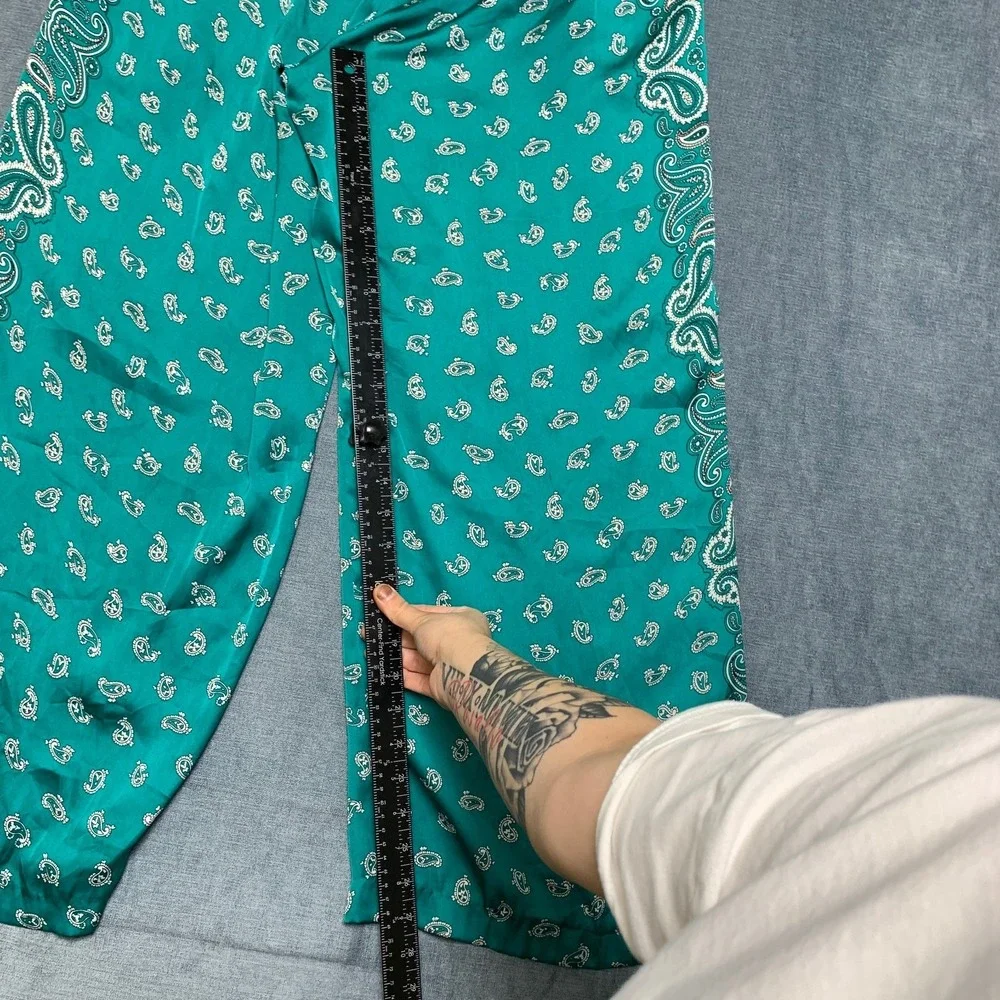 Michael Kors Wide Leg Pants Womens 14 Teal Paisley Drawstring Elastic Waist